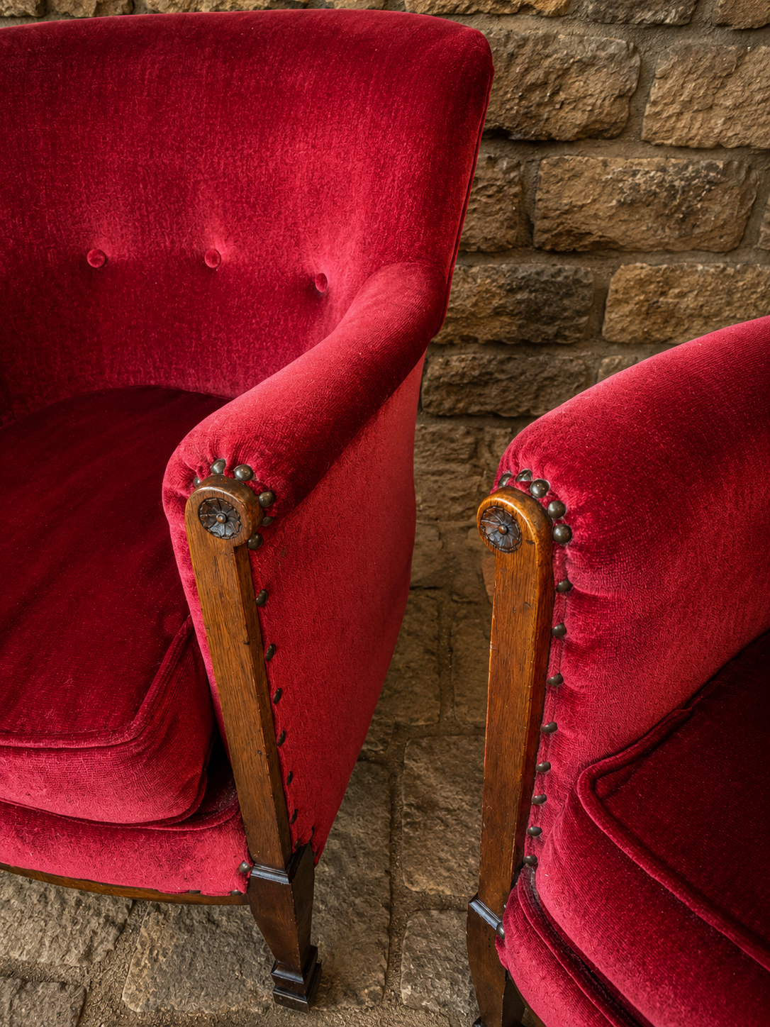 Pair of Antique Edwardian Burgundy Velvet Armchairs c1920