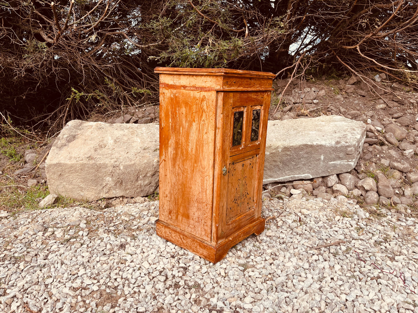 Antique Victorian Inlaid Bedside Cabinet with Ebonised Bird Panels
