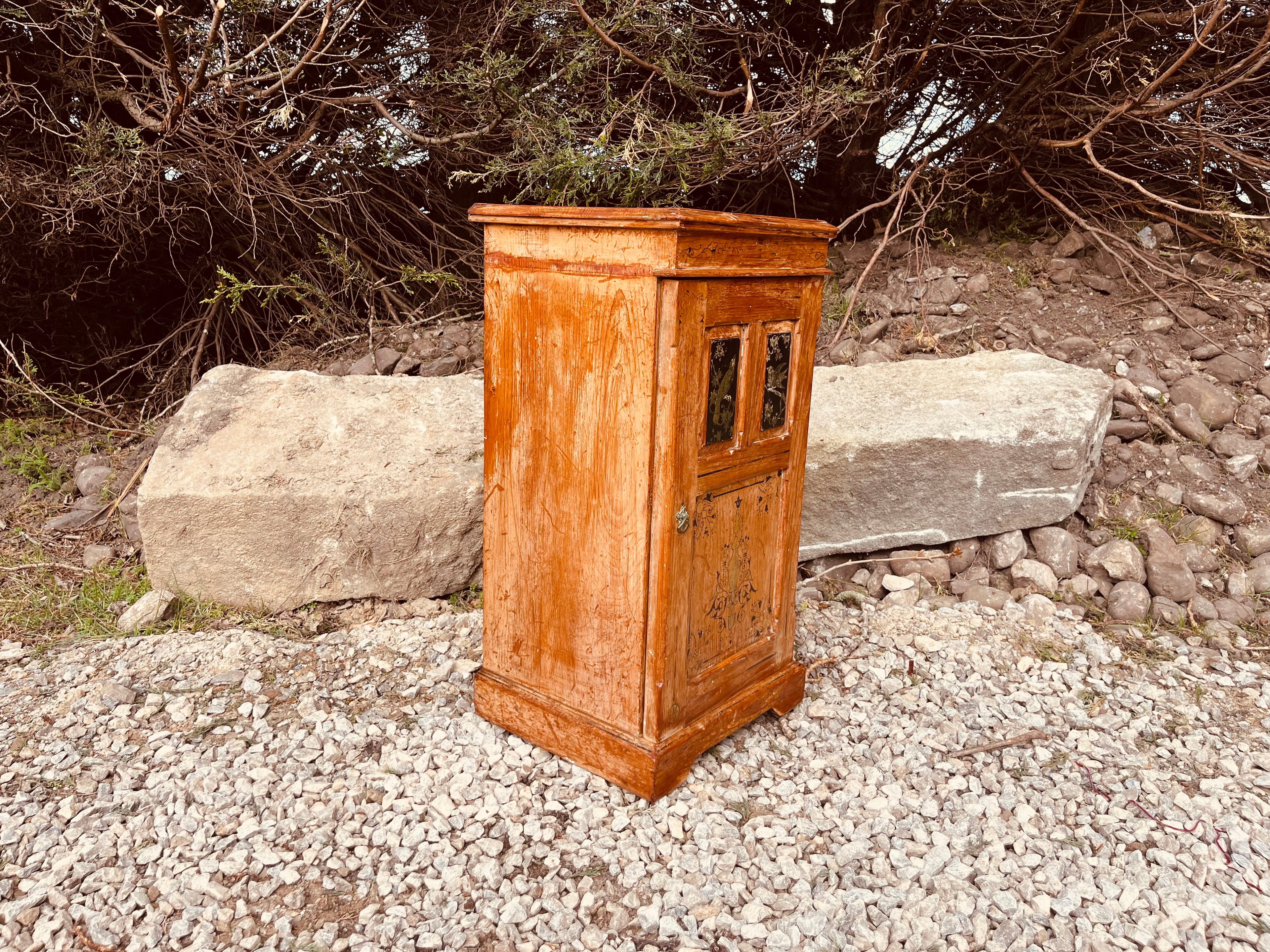 Antique Victorian Inlaid Bedside Cabinet with Ebonised Bird Panels