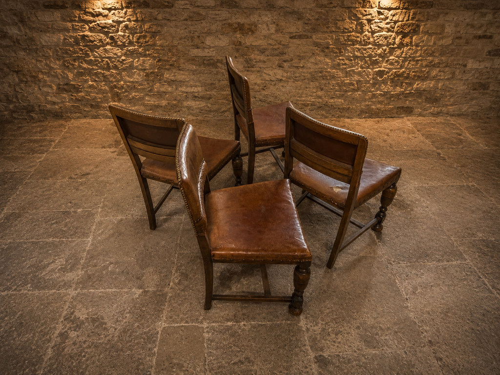 Antique Set of Four Embossed Leather & Oak Dining Chairs | Tudor Revival | Circa 1920s