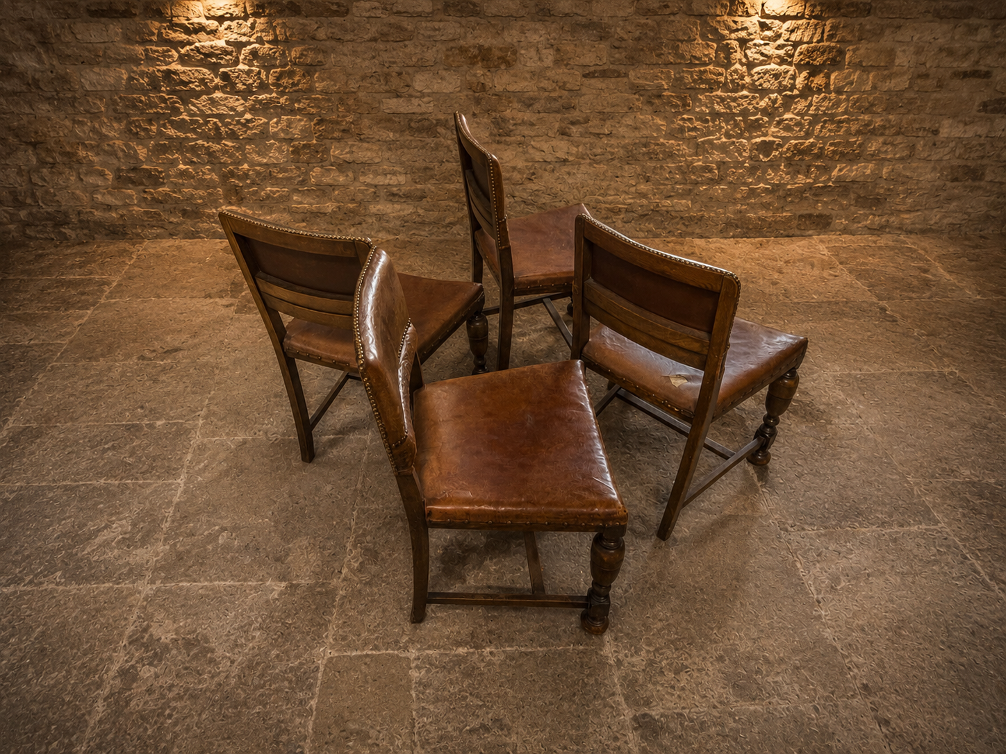 Antique Set of Four Embossed Leather & Oak Dining Chairs | Tudor Revival | Circa 1920s
