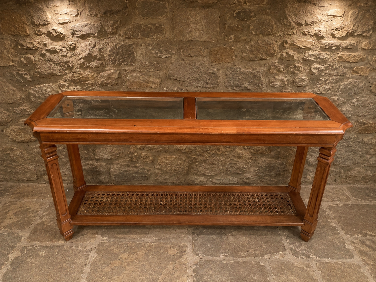 Antique Style Cherry Wood Display Console Table with Glass Top & Caned Shelf