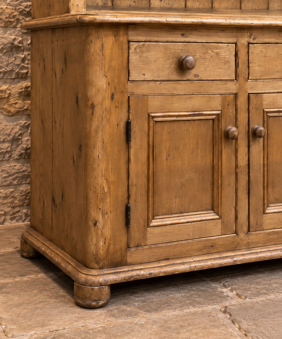 Vintage pine farmhouse dresser with scalloped canopy