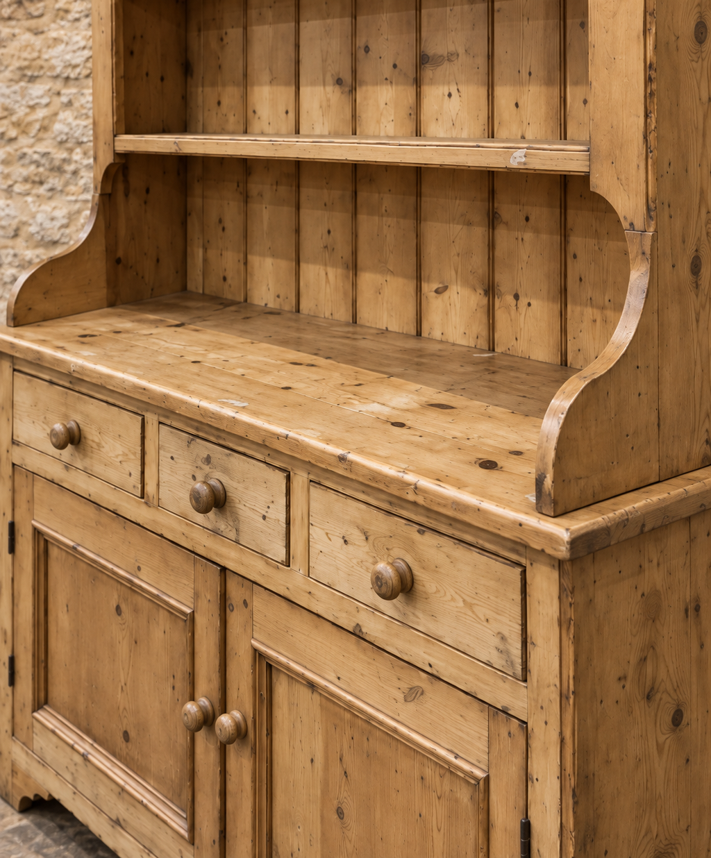 Vintage pine farmhouse dresser with open shelving