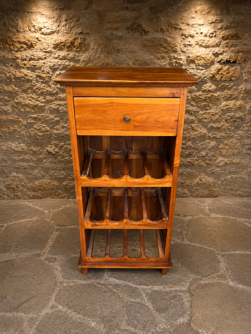 Vintage Wooden Wine Rack Cabinet – Freestanding Rustic Bottle Storage with Drawer