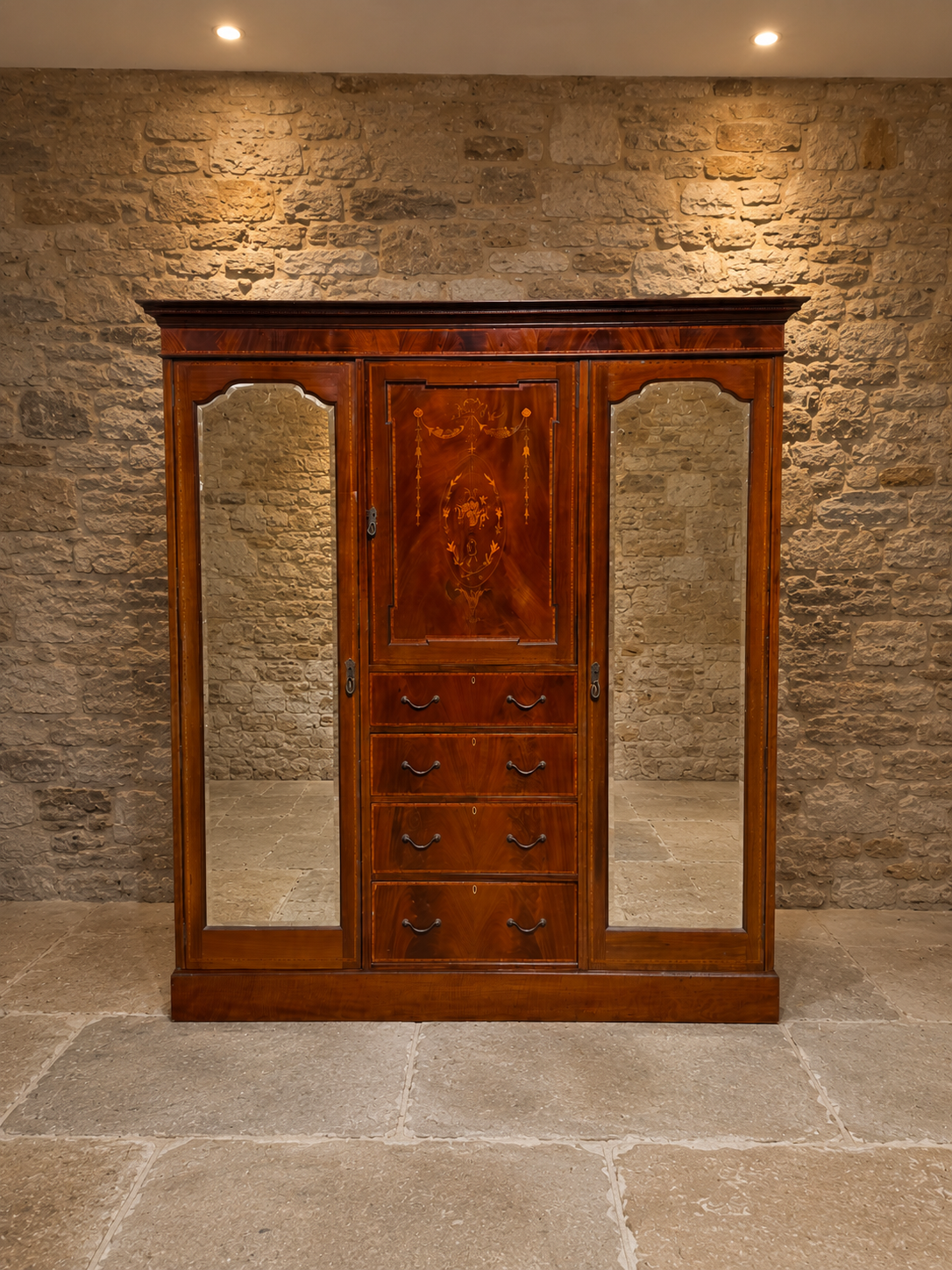 Antique Edwardian Inlaid Mahogany Triple Wardrobe c.1900 – Sheraton Revival Mirrored Wardrobe