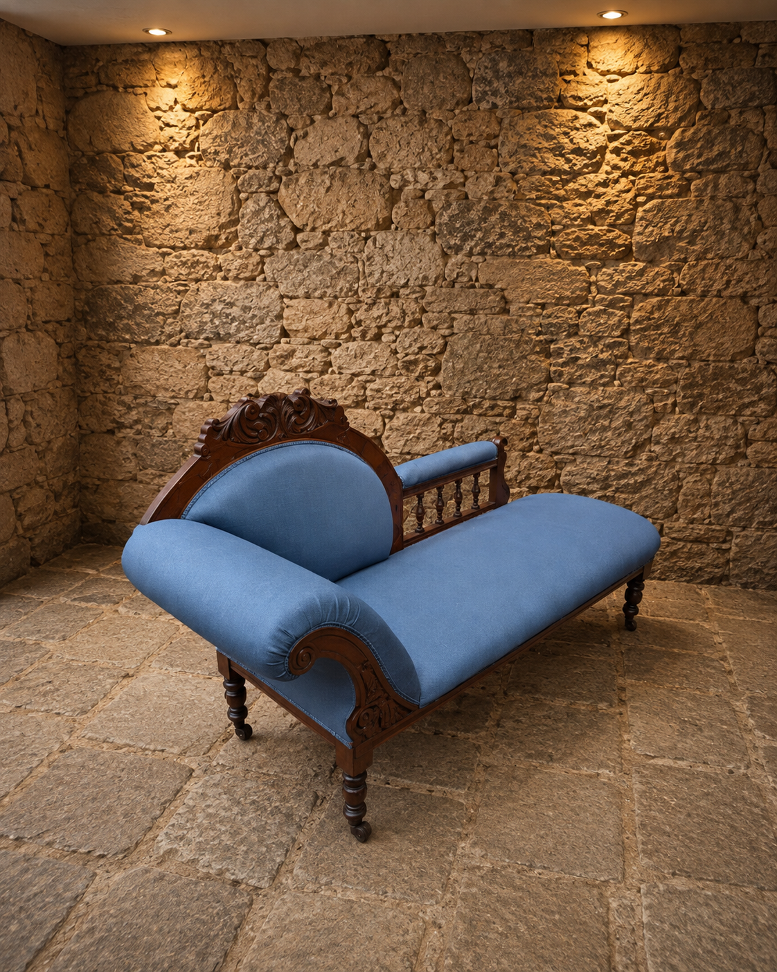 Antique Victorian Carved Walnut Chaise Longue – Circa 1880 – Blue Upholstered Daybed