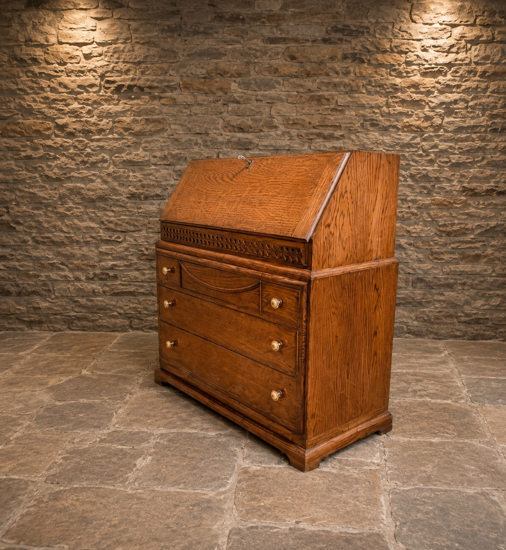 Antique Victorian Oak Bureau c.1890–1910 | Solid Oak Fall Front Writing Bureau