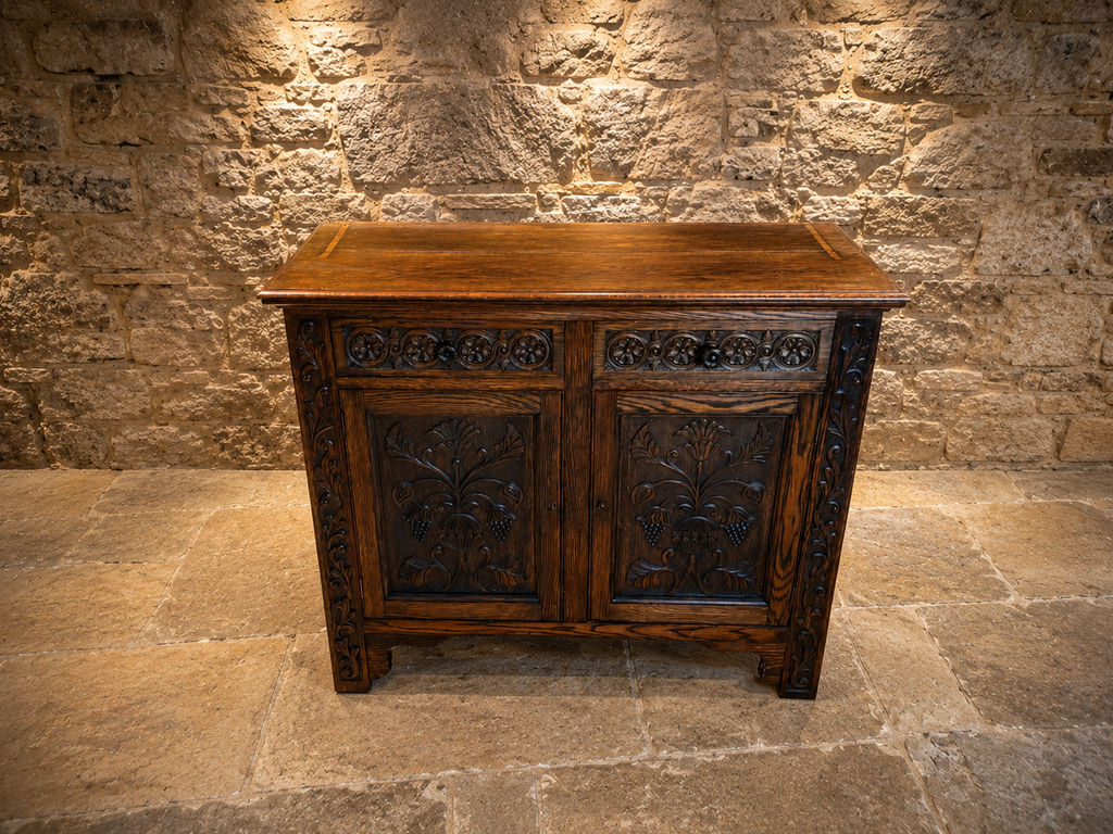 Antique Arts & Crafts Oak Sideboard – Edwardian Carved Oak Cabinet | Liberty Style Server with Floral Carvings