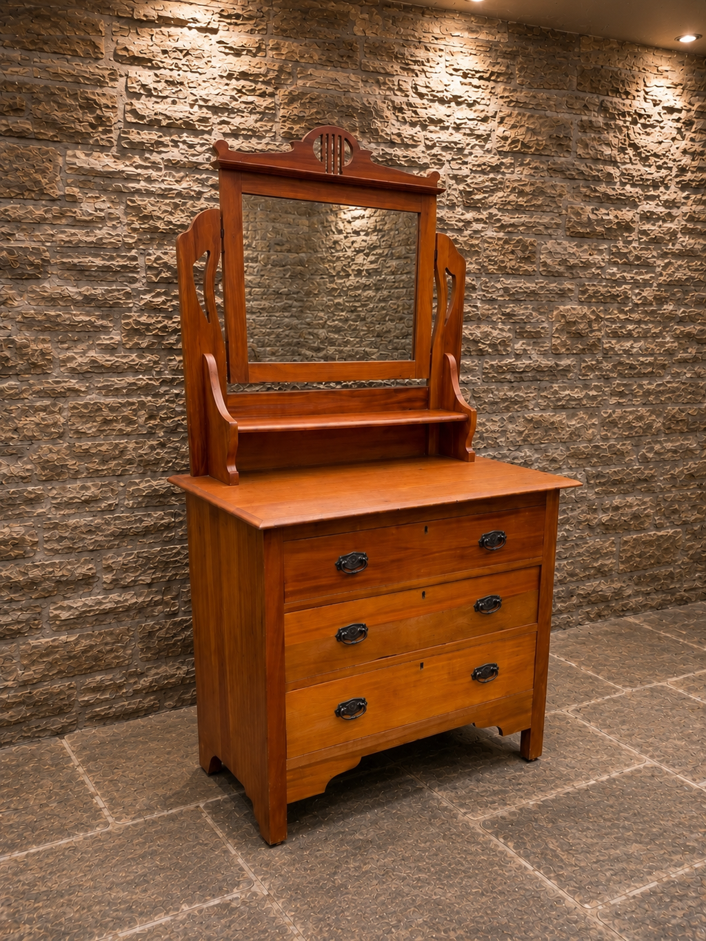 Antique Edwardian Satin Walnut Dressing Table with Original Bevelled Mirror | Art Nouveau Vanity Chest | Circa 1905