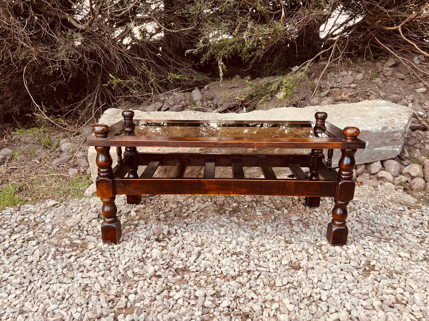 Vintage Mahogany Coffee Table with Glass Top and Shelf