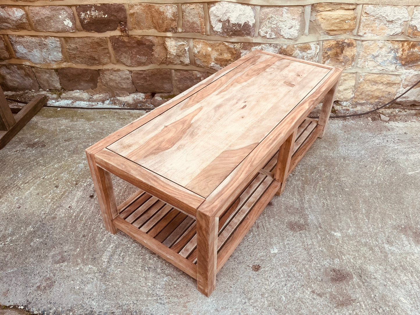 Large Solid Hardwood Coffee Table | Rustic Modern Acacia Table | Wooden Coffee Table with Slatted Shelf
