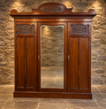 Antique Victorian Mahogany Triple Wardrobe with Mirror – Ornately Carved 3 Door Armoire