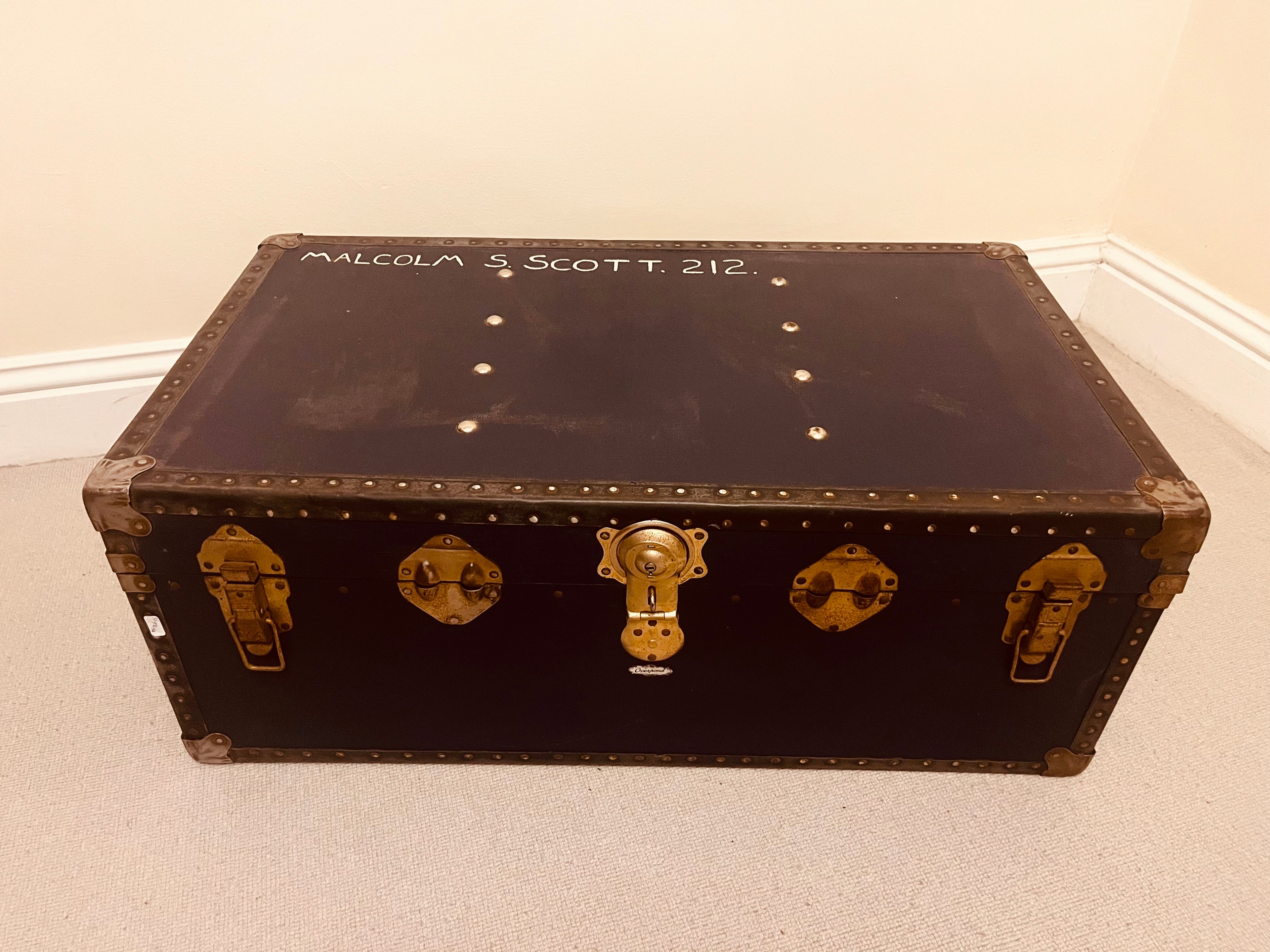 Pair of Vintage Travel Trunks – Tan Leather & Black Metal Storage Chests – Retro Luggage by The Proudlove Studio