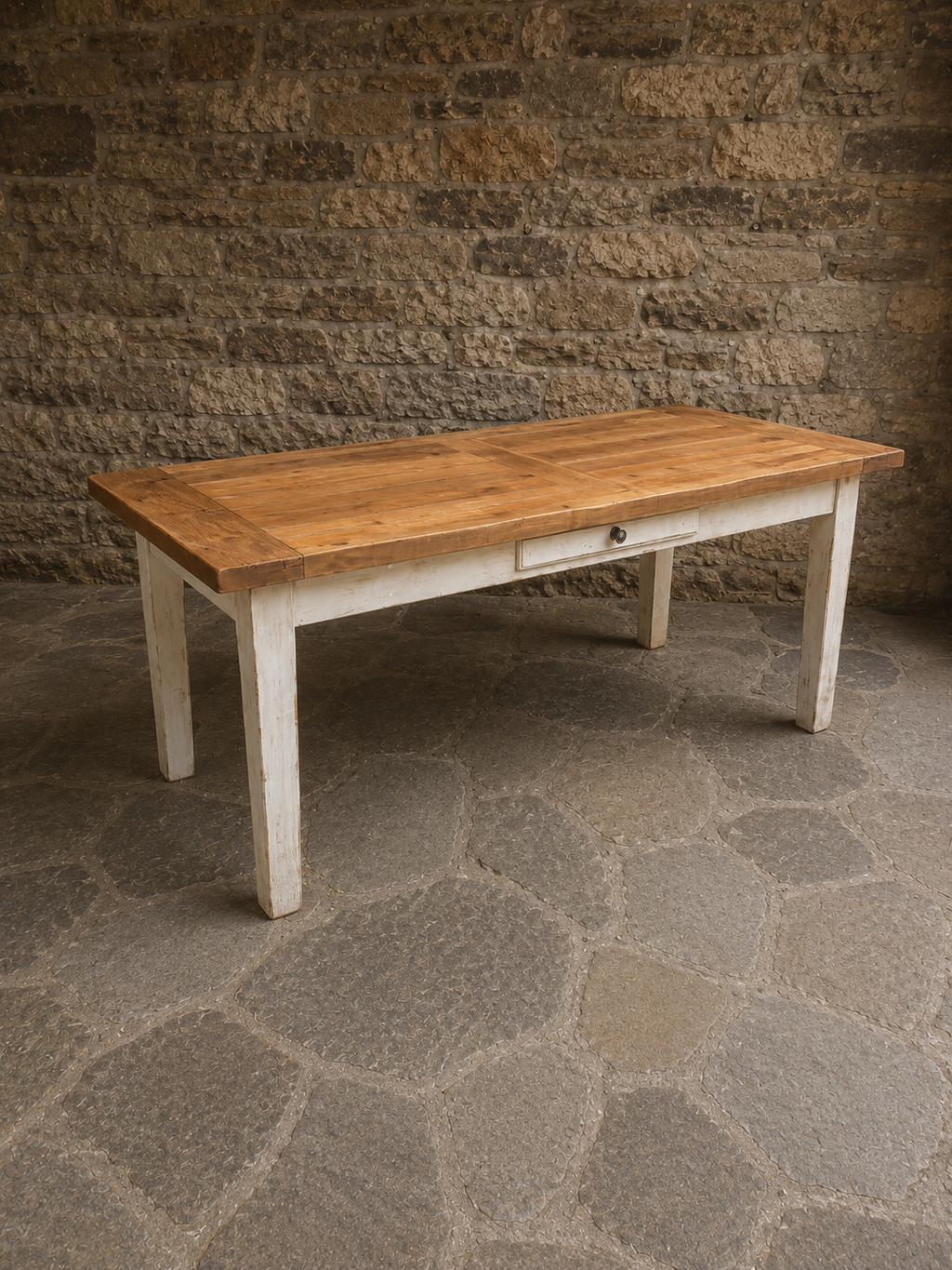 Large French Farmhouse Oak Dining Table with Drawer