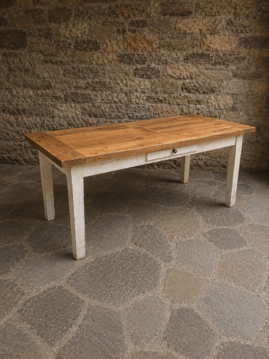 Large French Farmhouse Oak Dining Table with Drawer