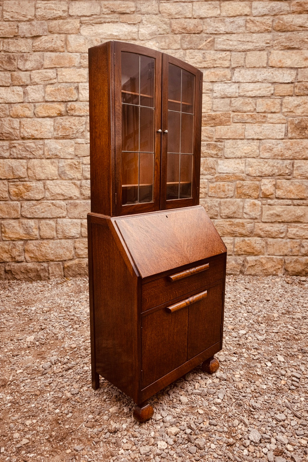 Vintage Oak Bureau Bookcase Cabinet with Glazed Top & Drop Front Desk