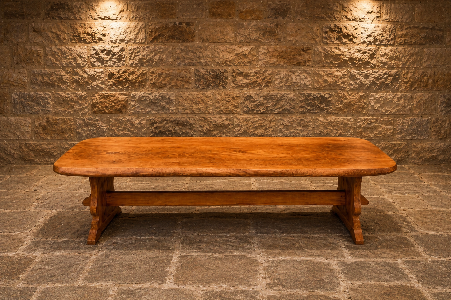 Vintage Solid Elm Refectory Coffee Table | English Farmhouse Trestle Coffee Table | Rustic Country Living Room Table