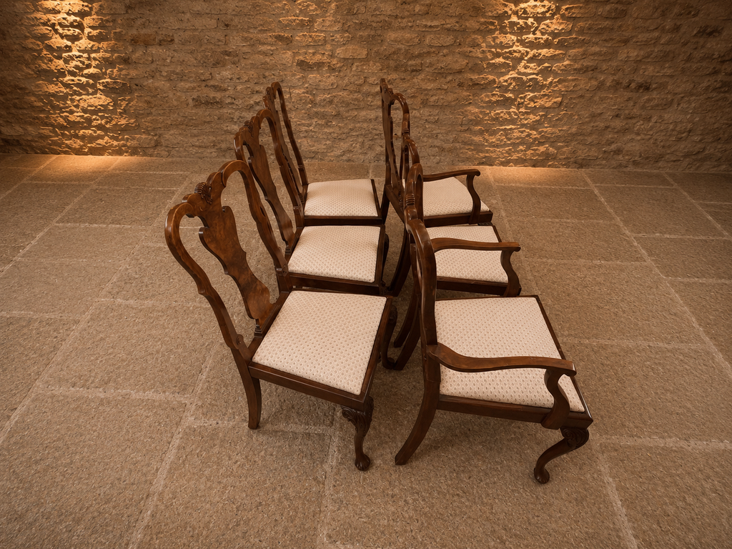 Set of 6 Queen Anne Style Dining Chairs | Mahogany & Burr Walnut Dining Chairs | Vintage English Dining Suite | 4 Chairs & 2 Carvers