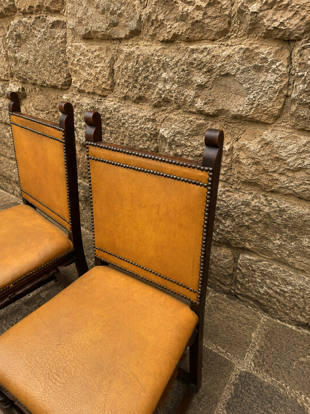 Set of 6 Jacobean Revival Oak Dining Chairs with Studded Tan Upholstery