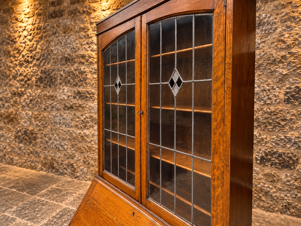 Antique Oak Bureau Bookcase with Leaded Glass Doors – c.1920