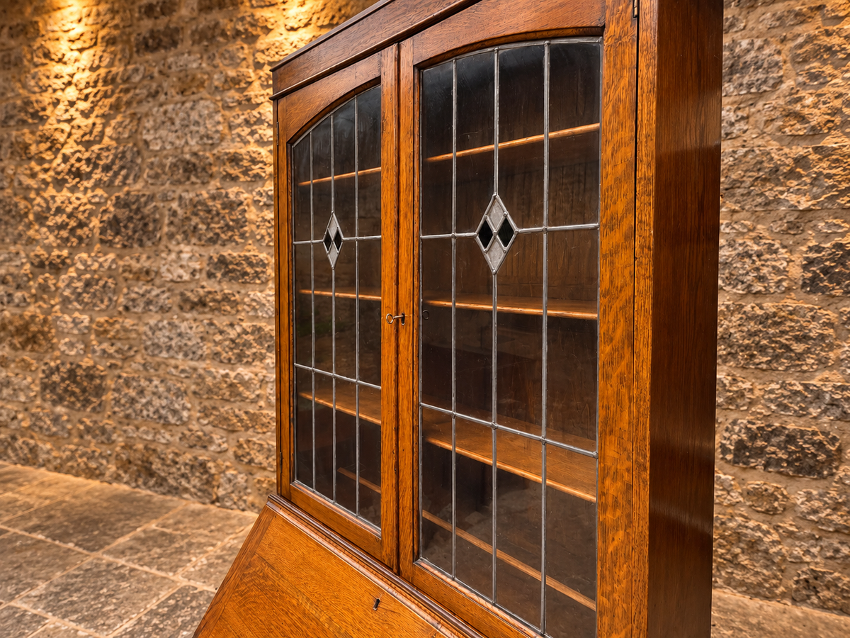 Antique Oak Bureau Bookcase with Leaded Glass Doors – c.1920