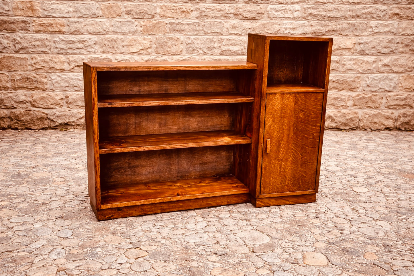 Vintage Oak Asymmetrical Bookcase – Mid Century Shelving Unit with Cupboard