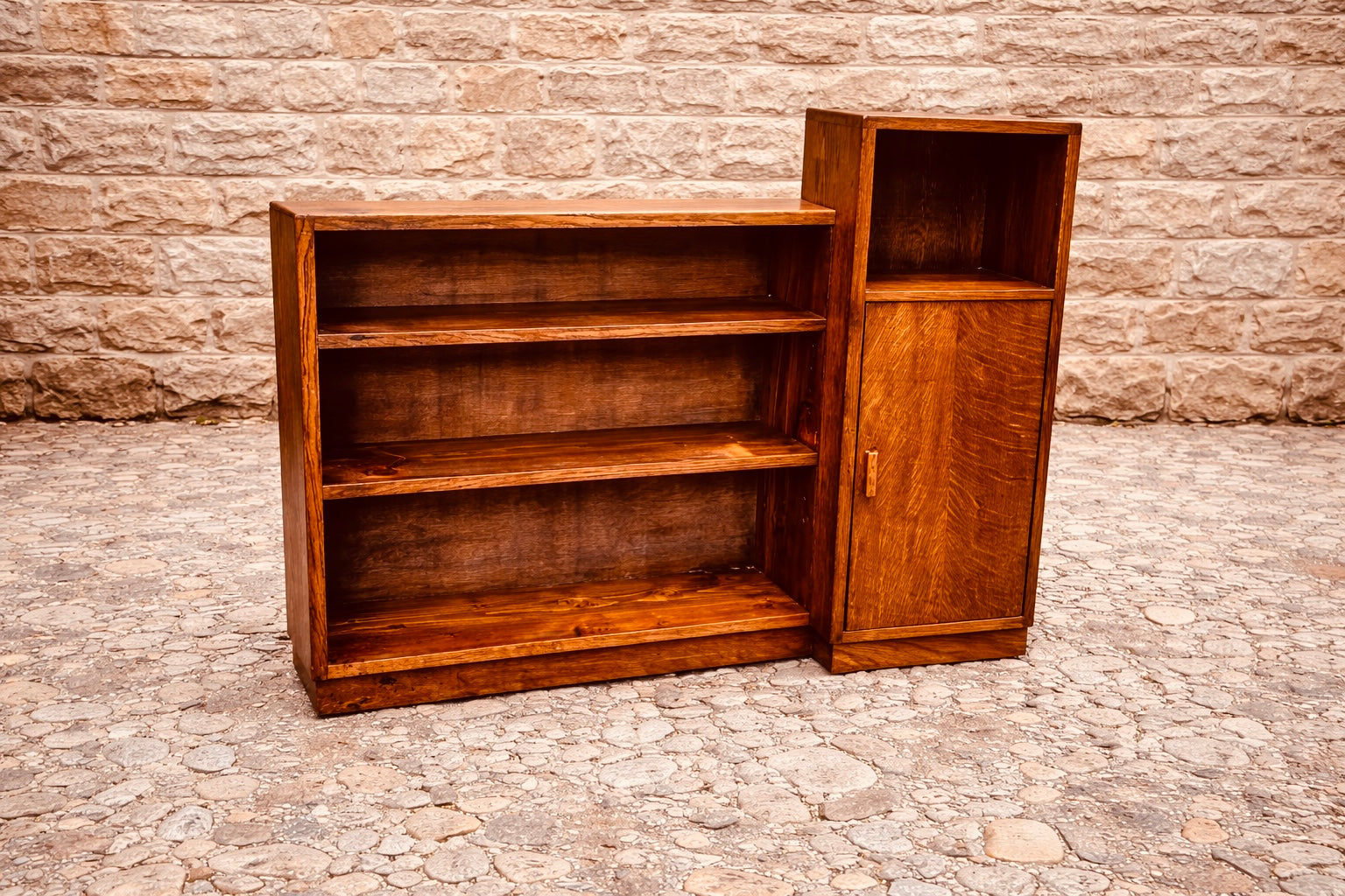 Vintage Oak Asymmetrical Bookcase – Mid Century Shelving Unit with Cupboard
