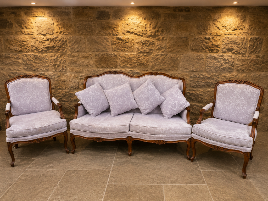 Vintage French Louis XV Style Sofa Suite | Carved Hardwood Three Piece Lounge Set | Chateau Style Furniture