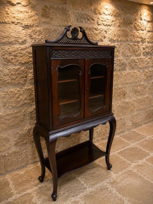 Antique Edwardian Mahogany Display Cabinet | Sheraton Revival Glazed China Cabinet | English Curio Cabinet | Circa 1905–1915