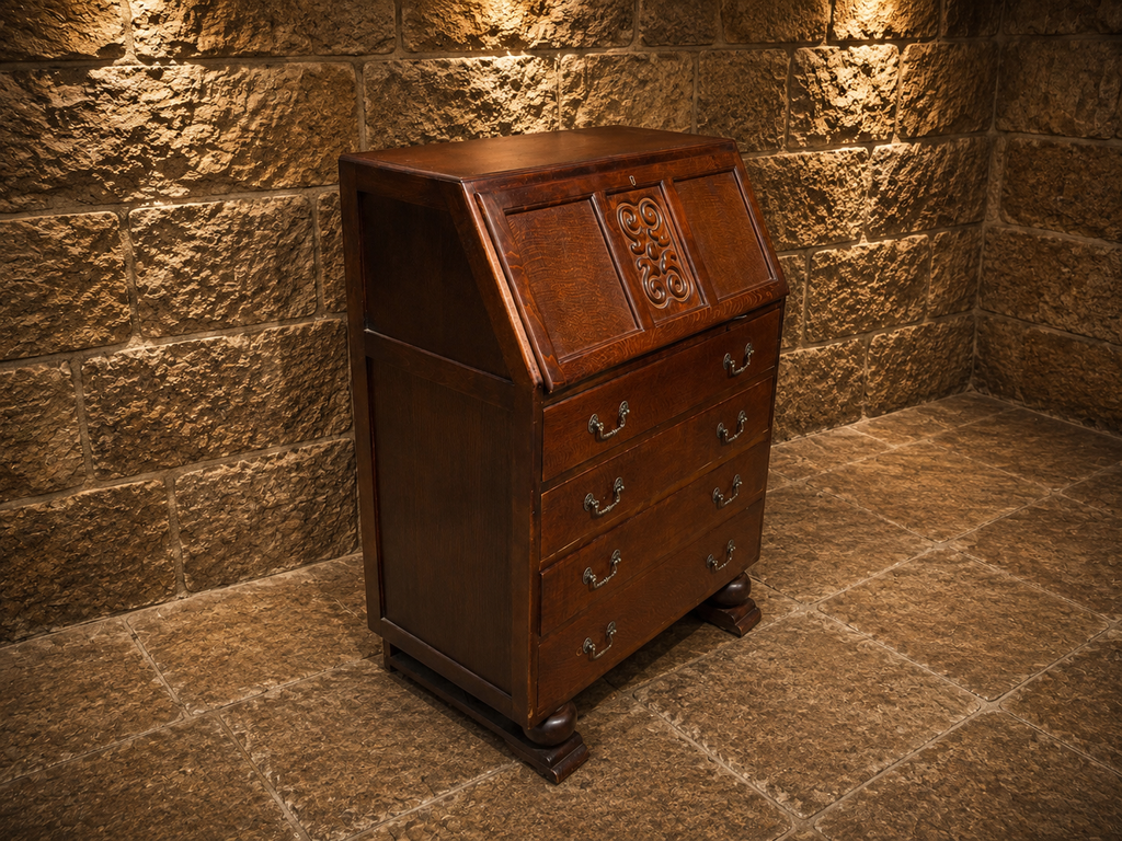 Antique Oak Bureau | Arts & Crafts Writing Desk | Jacobean Revival Fall Front Bureau | Vintage Secretary Desk