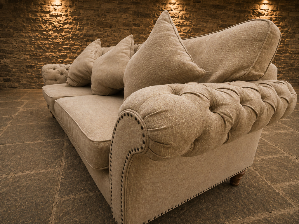 Large Chesterfield Style 3 Seater Sofa – Neutral Linen Look Upholstery & Buttoned Arms