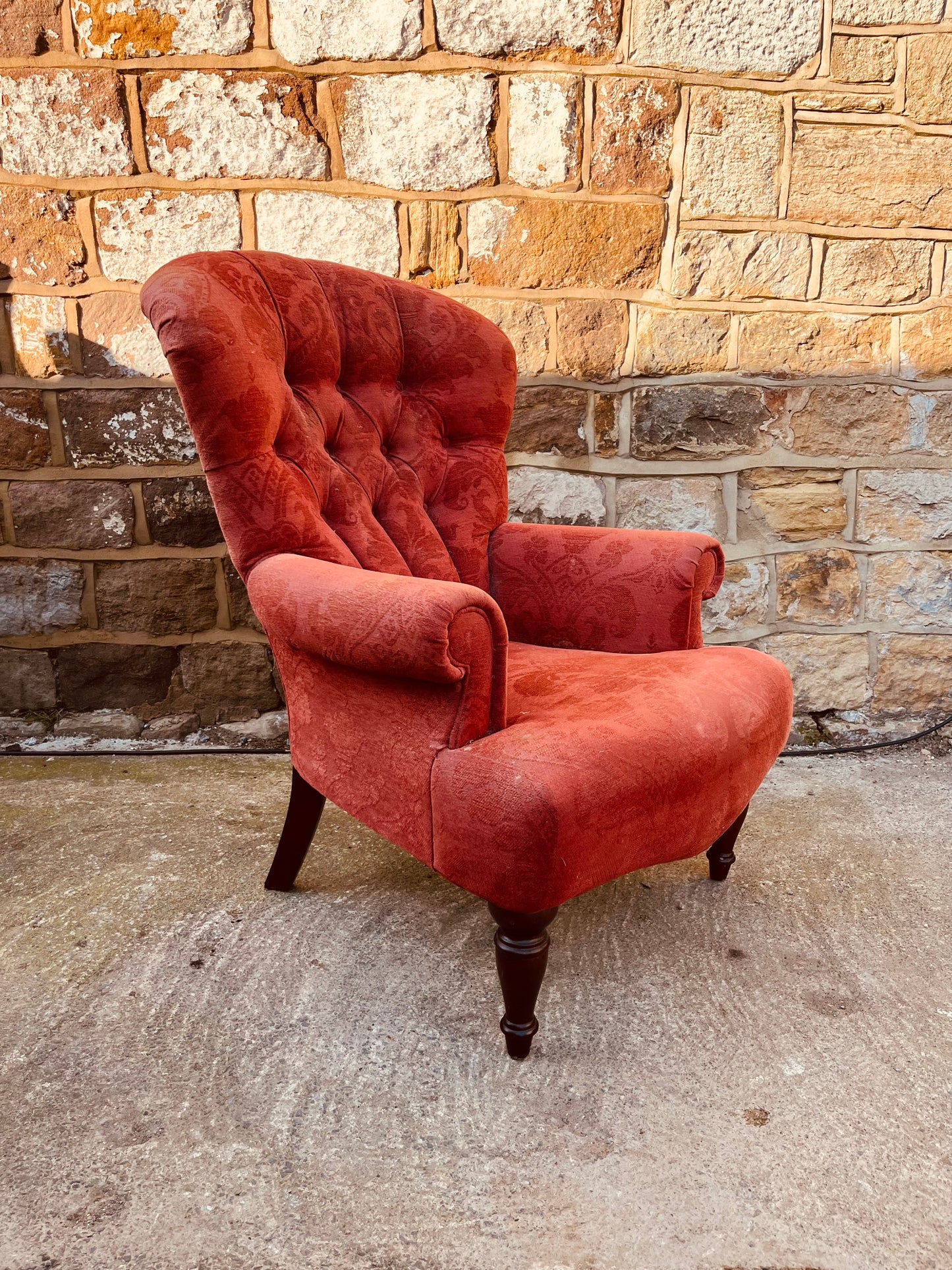 Vintage Red Wingback Armchair – Button Back Fireside Chair