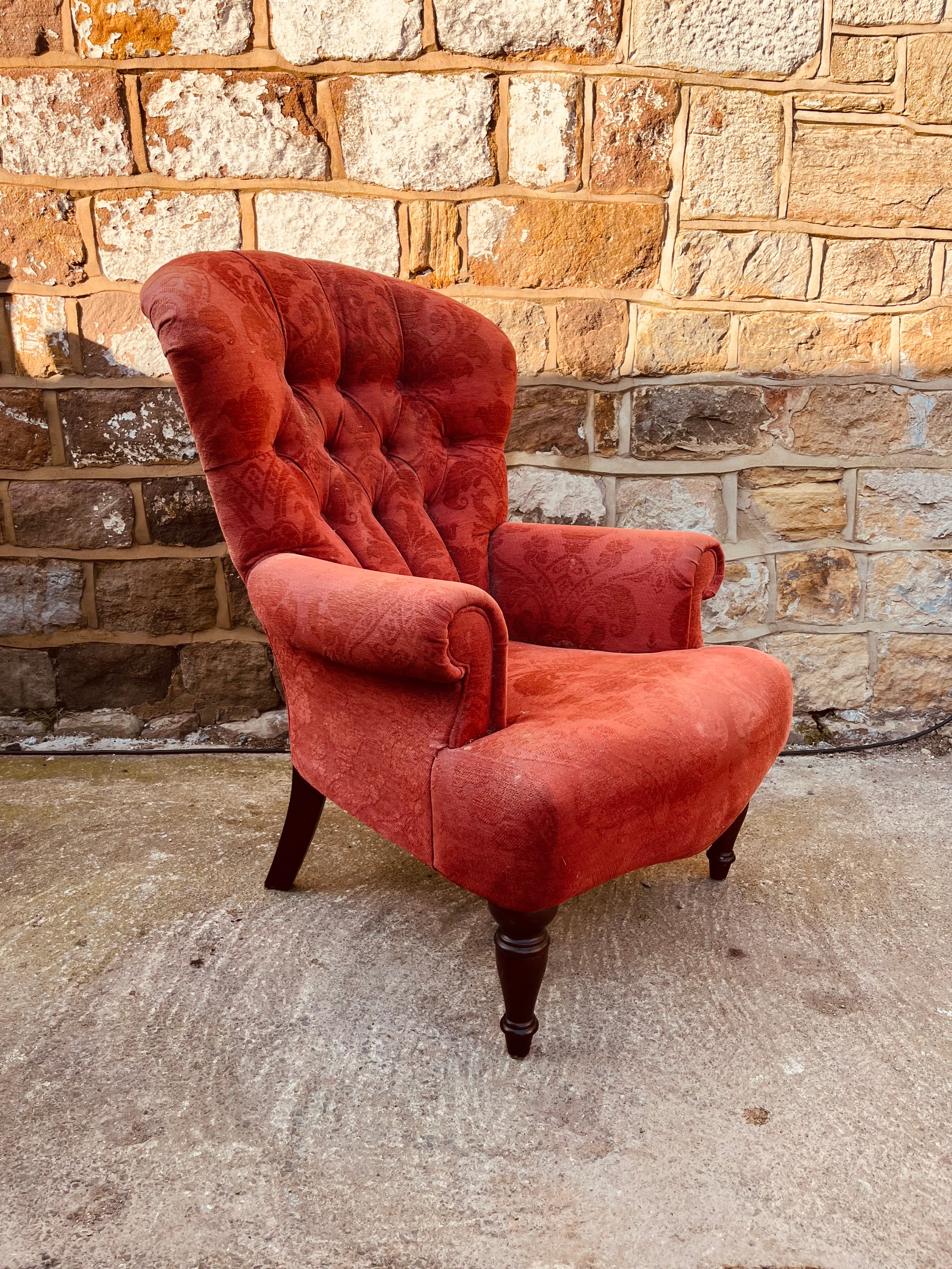 Vintage Red Wingback Armchair – Button Back Fireside Chair