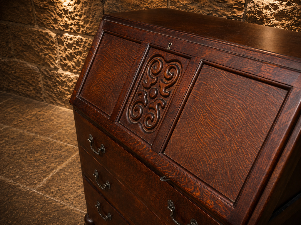 Antique Oak Bureau | Arts & Crafts Writing Desk | Jacobean Revival Fall Front Bureau | Vintage Secretary Desk