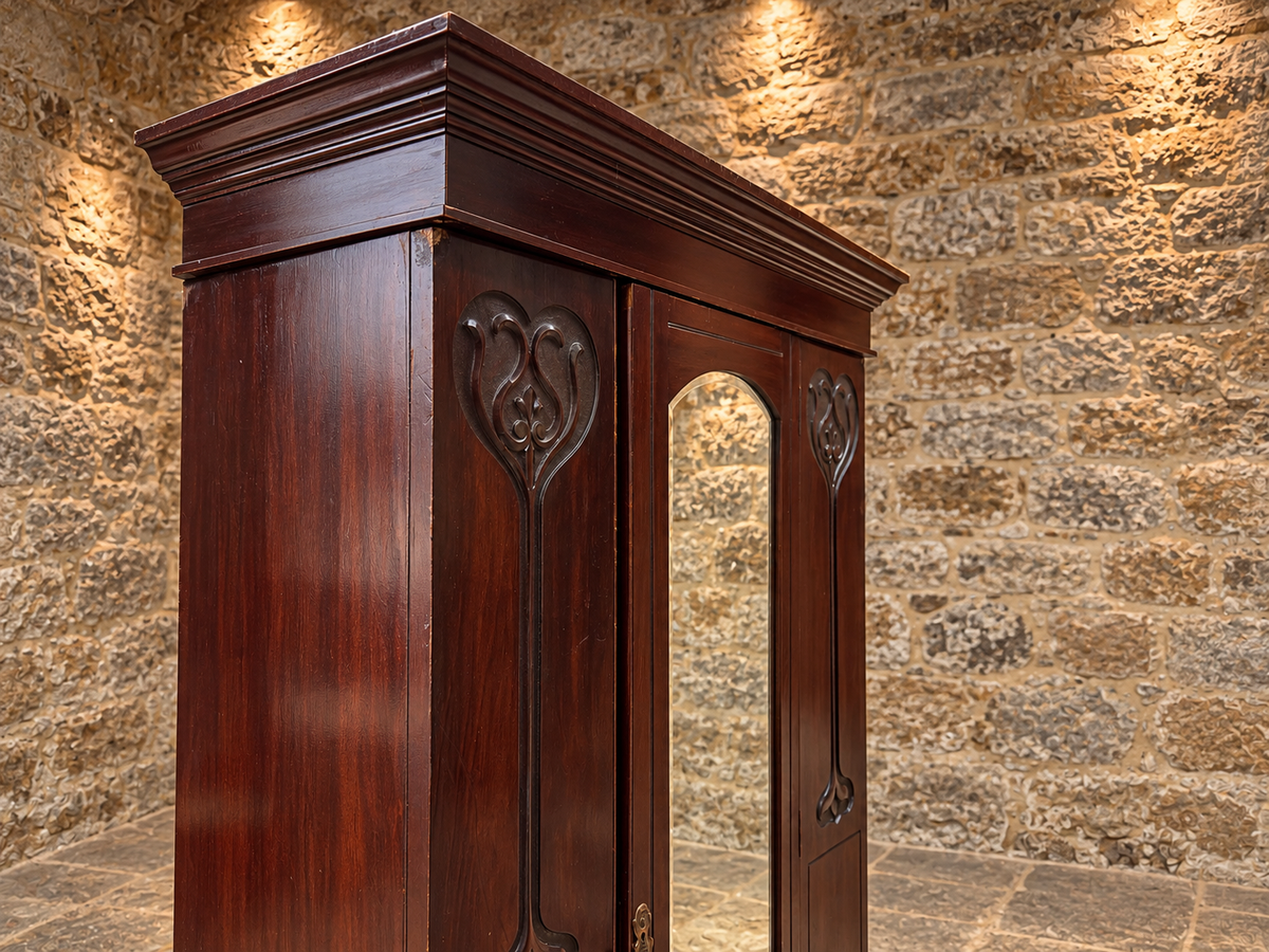 Antique Edwardian Art Nouveau Mahogany Mirrored Wardrobe – c.1900