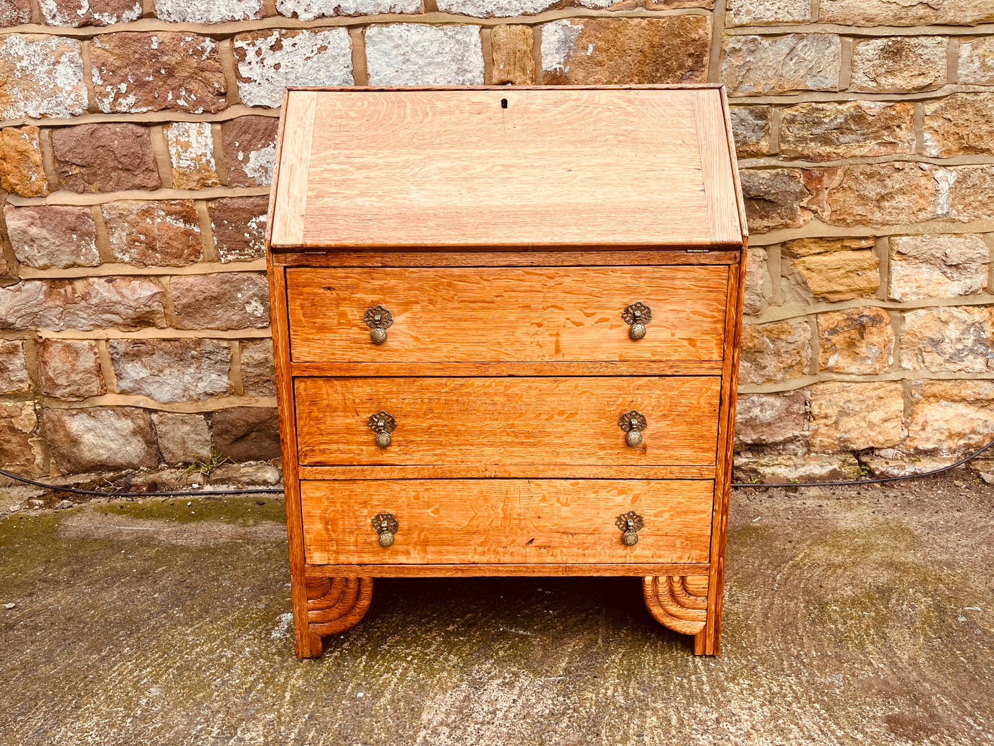 1930s Solid Oak Bureau Writing Desk with Fall Front & Pigeonholes