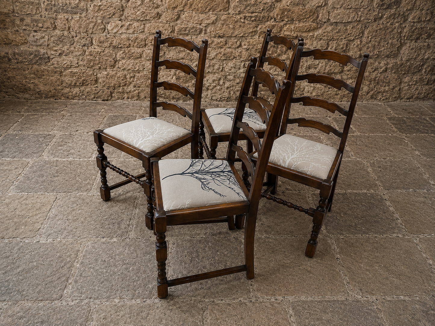 Set of 4 Vintage French Oak Ladderback Dining Chairs