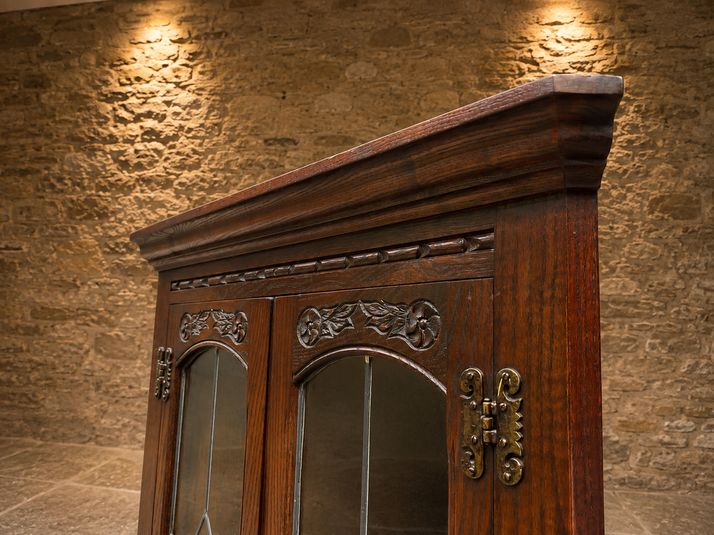 Vintage Oak Corner Display Cabinet with Leaded Glass Doors