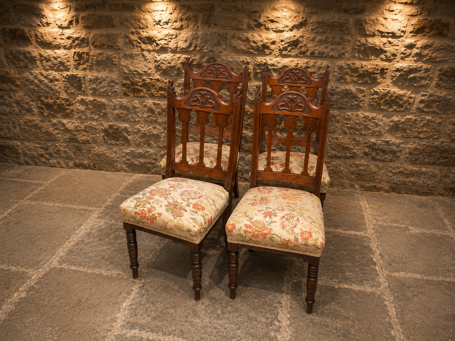 Antique Set of 4 Late Victorian Carved Dining Chairs | Ornate Upholstered High Back Chairs