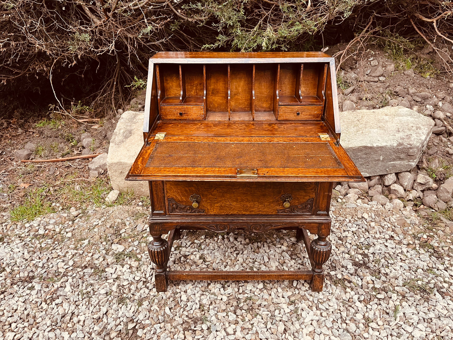 Antique Edwardian Tiger Oak Bureau Writing Desk