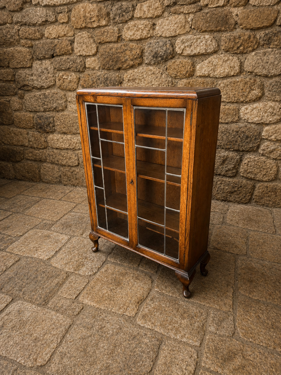 Antique Edwardian Oak Leaded Glass Bookcase c1900