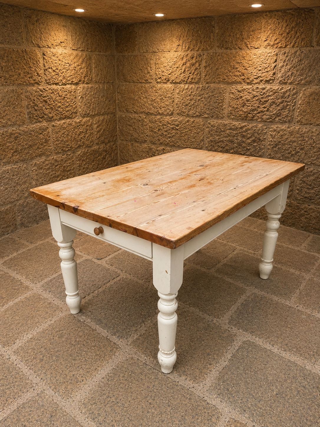Large English Farmhouse Pine Kitchen Dining Table | Rustic Country Dining Table with Drawer | Painted Farmhouse Table