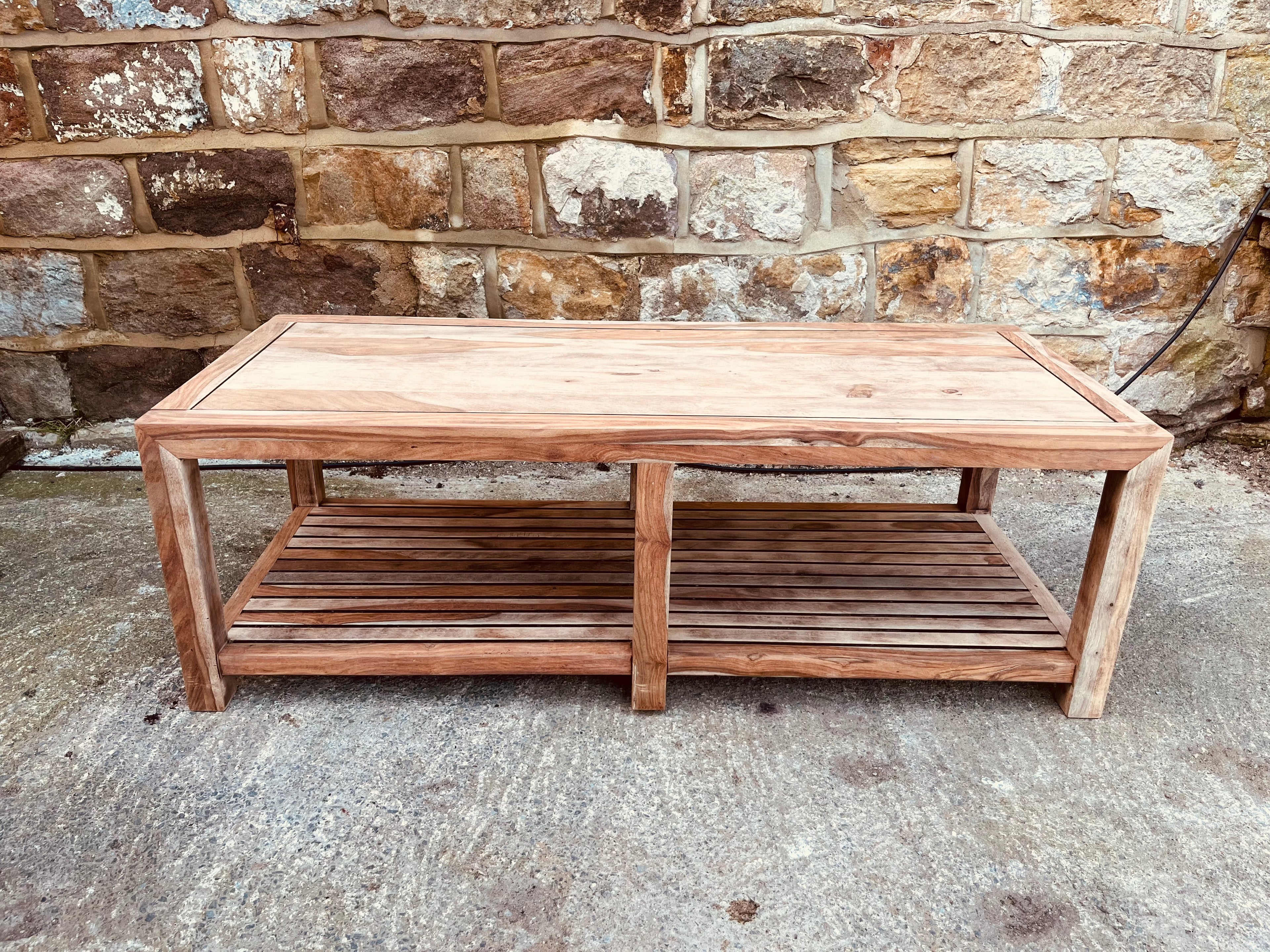 Large Solid Hardwood Coffee Table | Rustic Modern Acacia Table | Wooden Coffee Table with Slatted Shelf