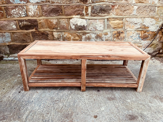 Large Solid Hardwood Coffee Table | Rustic Modern Acacia Table | Wooden Coffee Table with Slatted Shelf