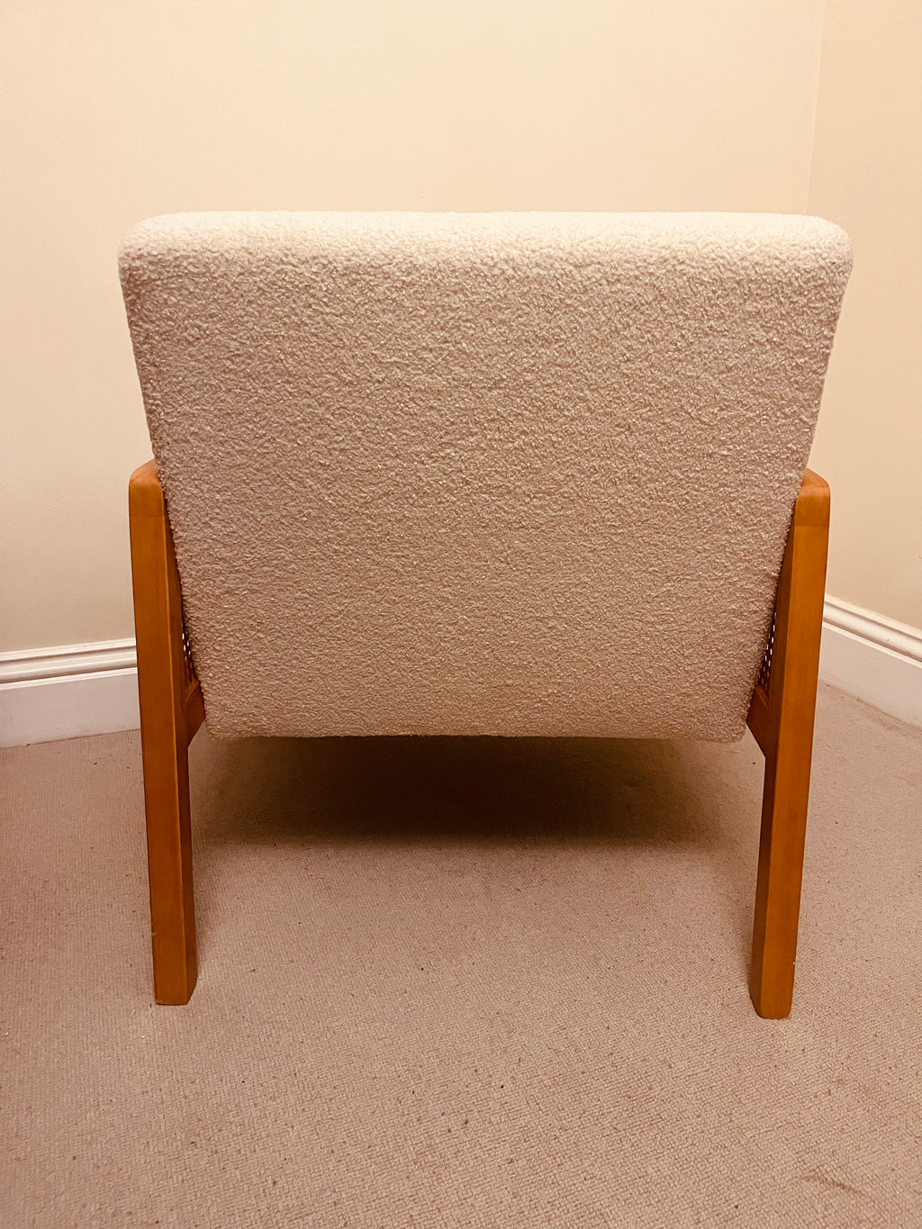 Mid-Century Cane Armchair in Cream Bouclé – Oak Frame Lounge Chair
