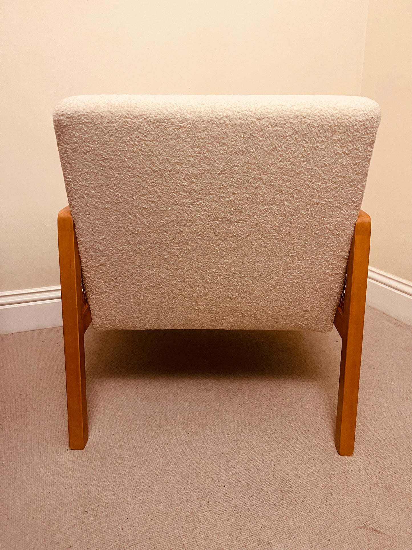 Mid-Century Cane Armchair in Cream Bouclé – Oak Frame Lounge Chair