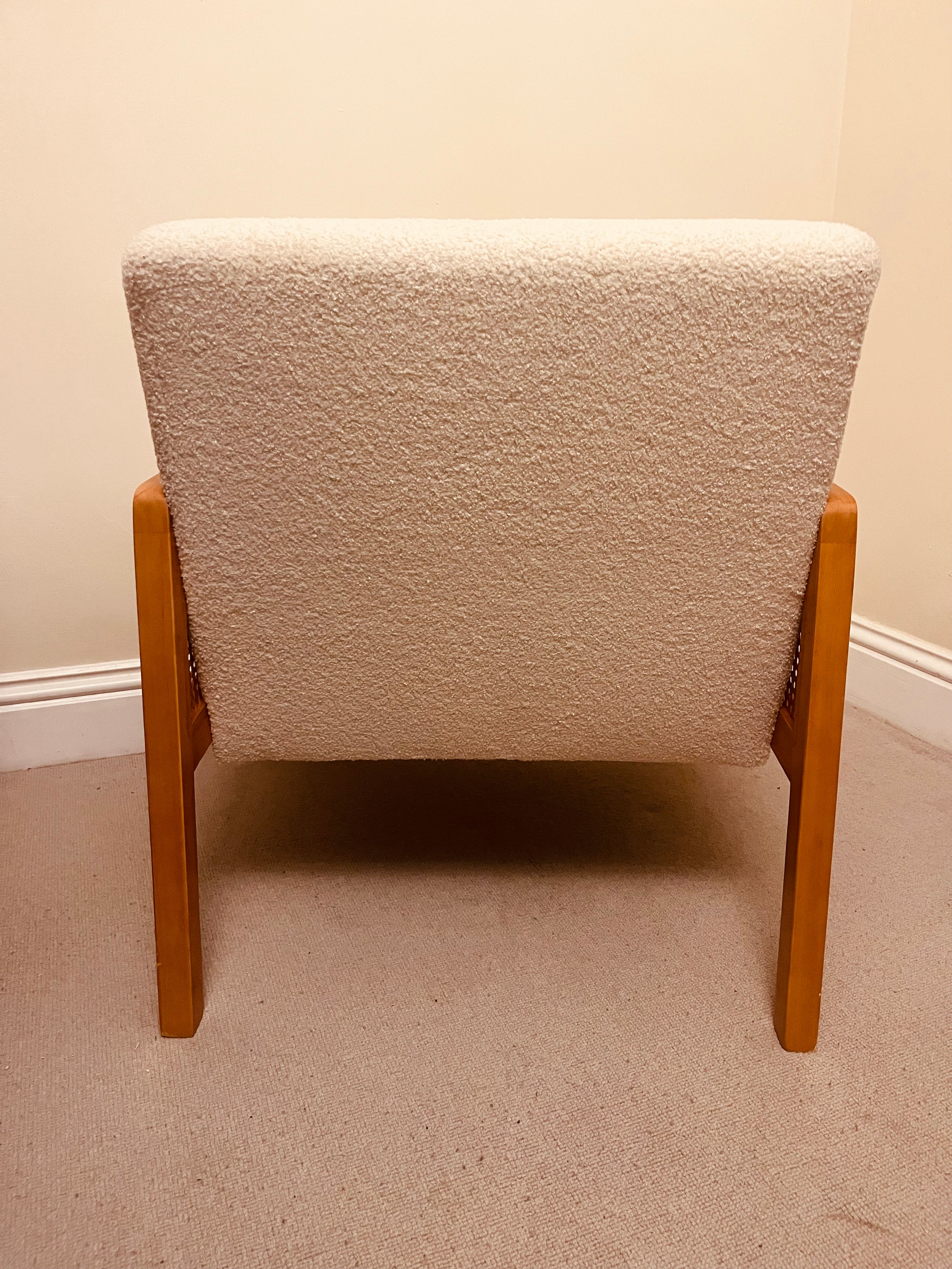 Mid-Century Cane Armchair in Cream Bouclé – Oak Frame Lounge Chair