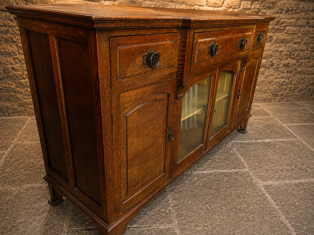 Antique Edwardian Figured Oak Sideboard c.1900 – Glazed Country House Buffet Cabinet