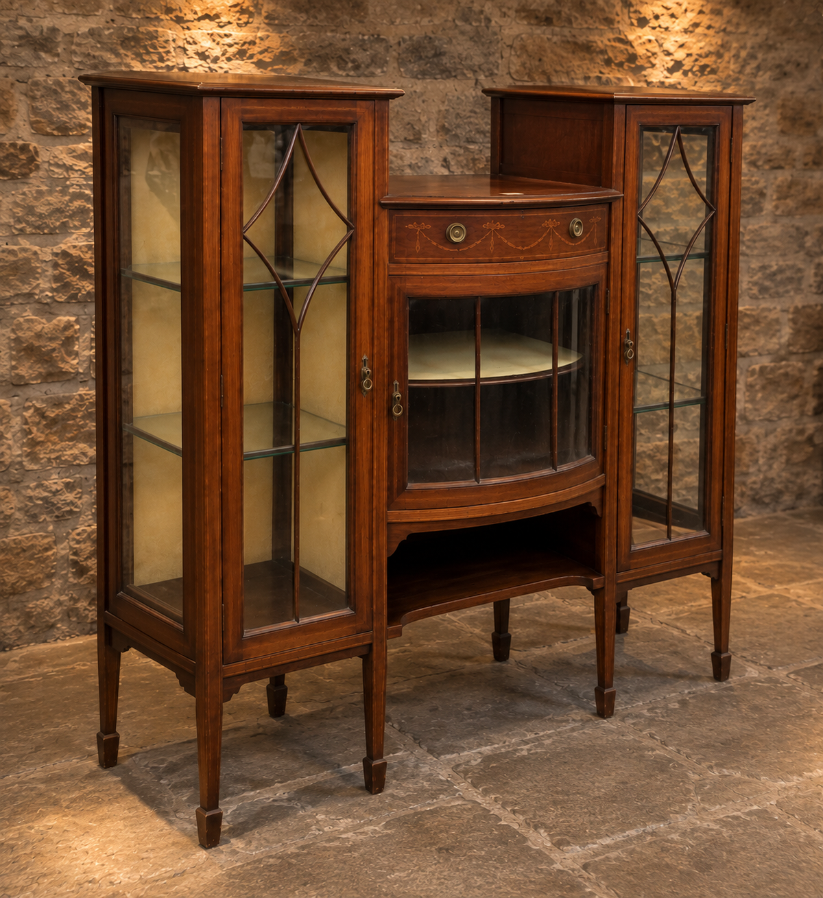 Antique Edwardian Mahogany Inlaid Display Cabinet – Bow Front Glazed China Cabinet